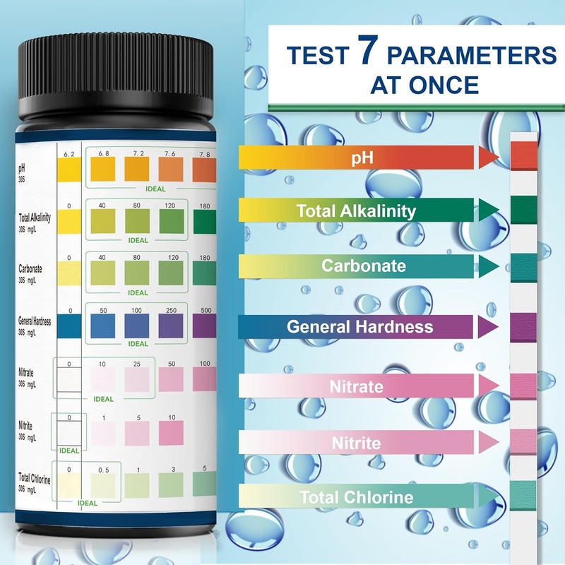 DIPSTIK Aquarium Test Strips, 7-Way Freshwater Saltwater Fish Tank Pond Test Kit, 100 Strips, Nitrate, Nitrite, Chlorine, Hardness, Alkalinity, Carbonate, pH - Image 2